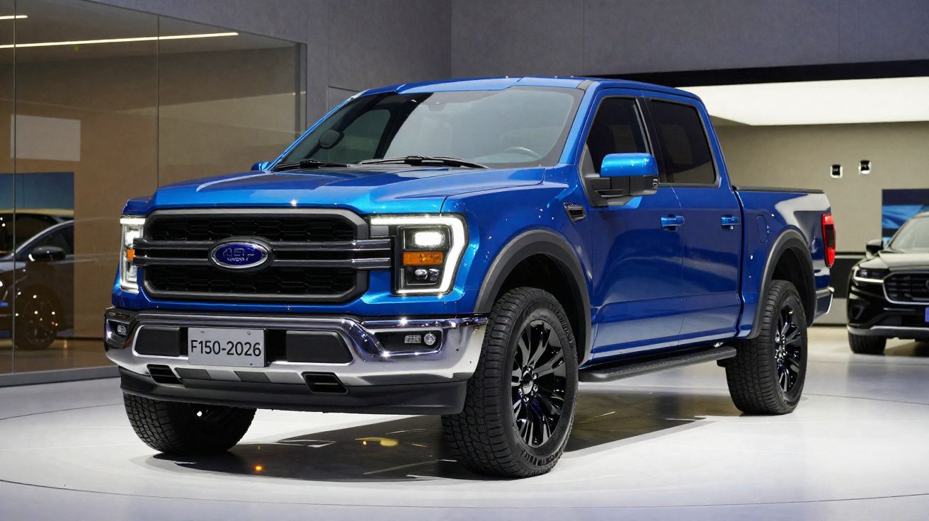 Picape Ford F-150 2026 azul em exposição, com rodas pretas e detalhes cromados.