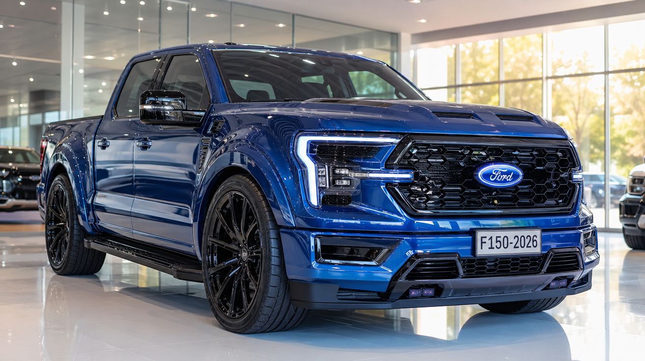 Caminhonete Ford F-150 azul escura em showroom moderno com acabamento brilhante e rodas pretas.