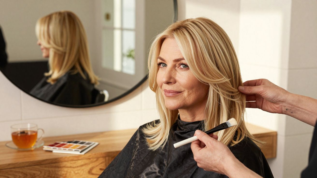 Mulher loira em salão de beleza recebendo maquiagem, com espelho e xícara de chá ao fundo.