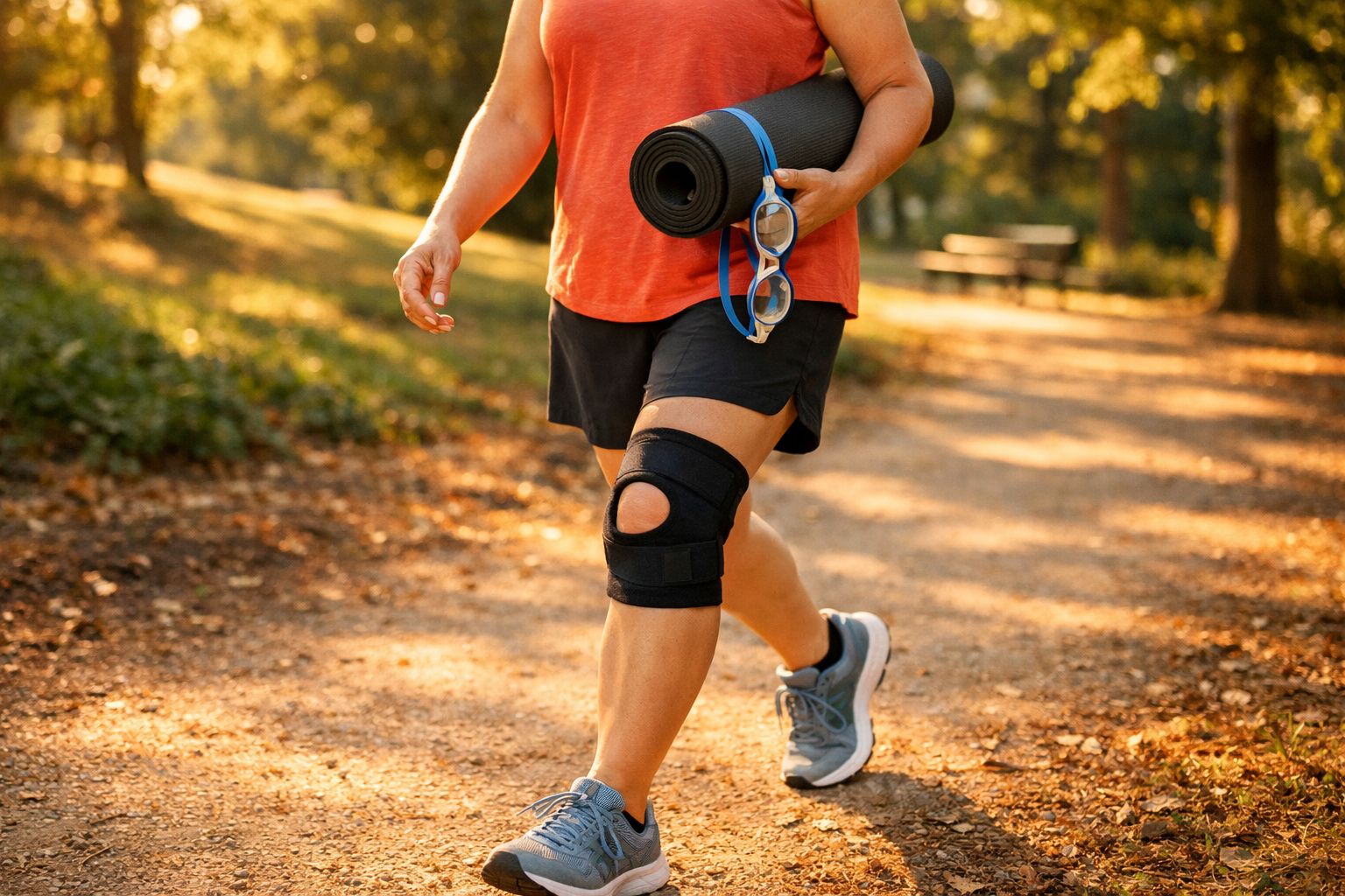 Pessoa caminhando em trilha com joelheira, tênis esportivo, tapete de yoga e óculos de natação.