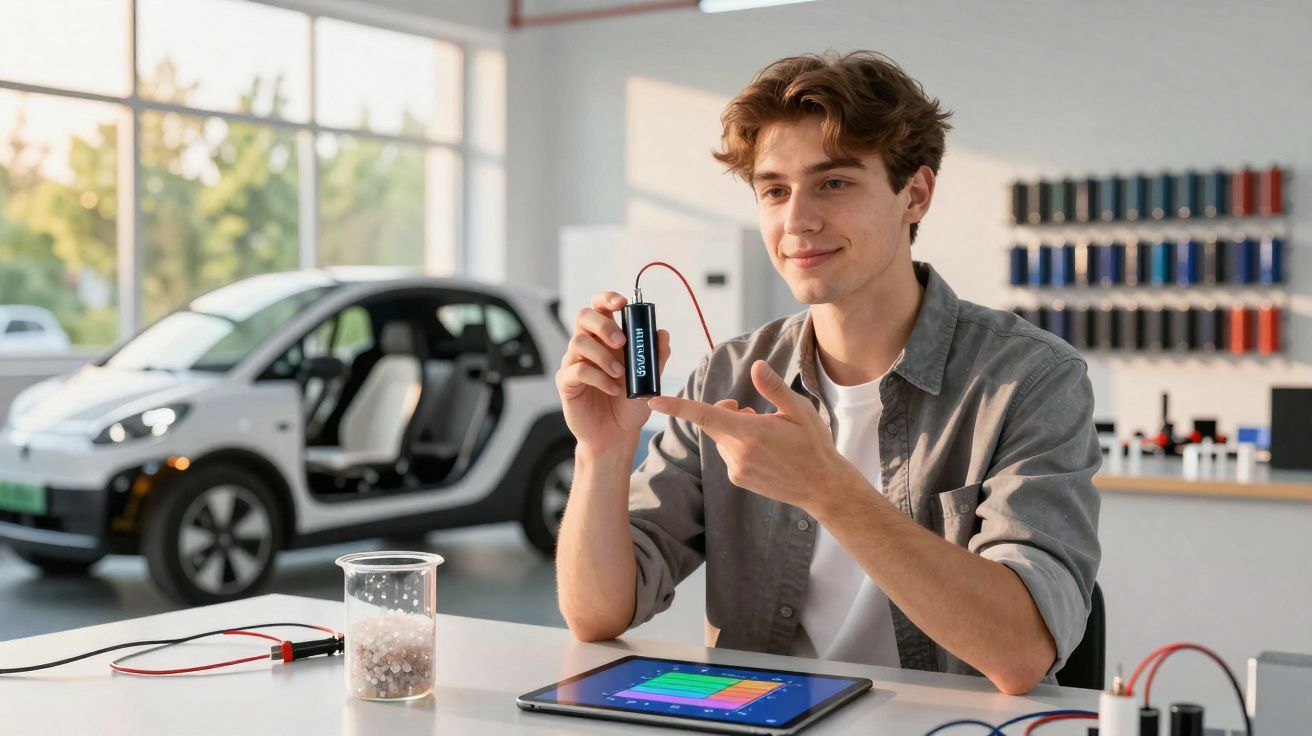 Jovem segura e apresenta célula de combustível em laboratório com carro elétrico e tablet na mesa.