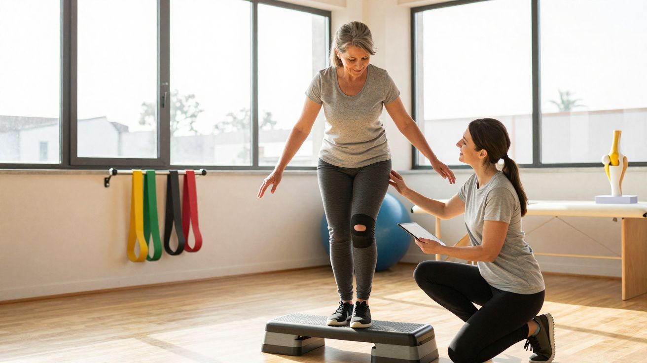 Fisioterapeuta auxiliando paciente em exercício de equilíbrio usando step em clínica iluminada.
