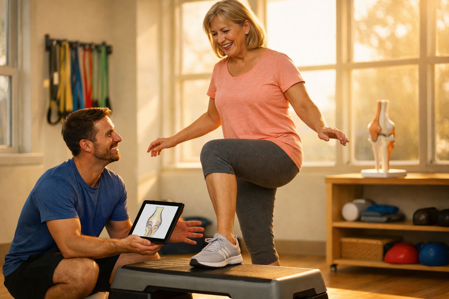 Mulher em sessão de fisioterapia faz exercício de equilíbrio com ajuda de terapeuta e tablet mostrando articulação.