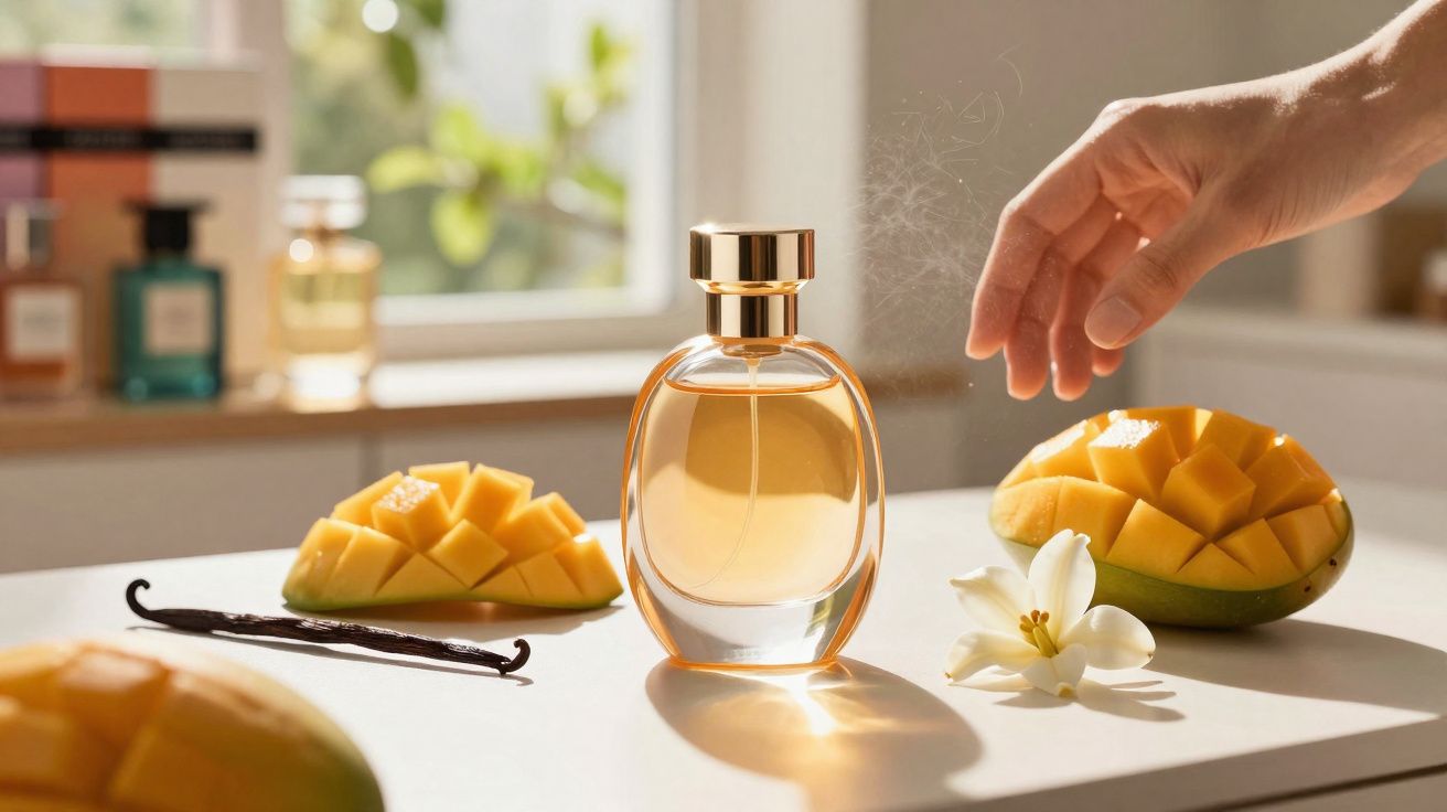 Frasco de perfume com manga cortada, flor branca, fava de baunilha e uma mão borrifando o perfume.