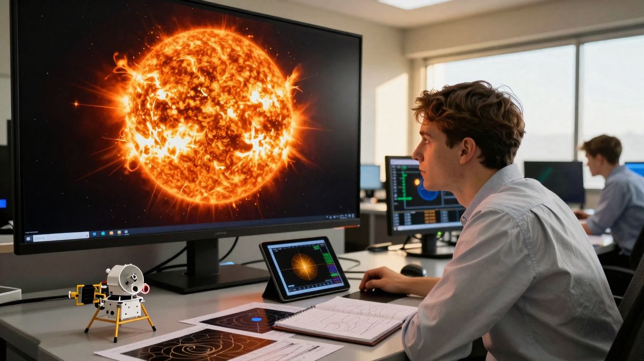 Homem analisando imagens digitais do sol em monitor grande em escritório moderno.