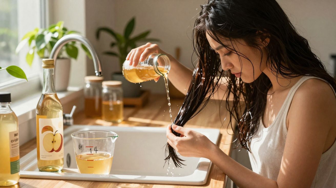 Mulher aplicando vinagre de maçã no cabelo molhado sobre pia em cozinha iluminada.