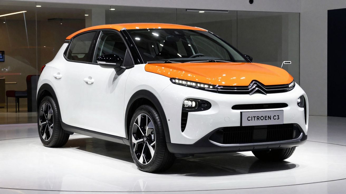 Carro Citroën C3 branco com teto e capô laranja exposto em salão automotivo moderno.