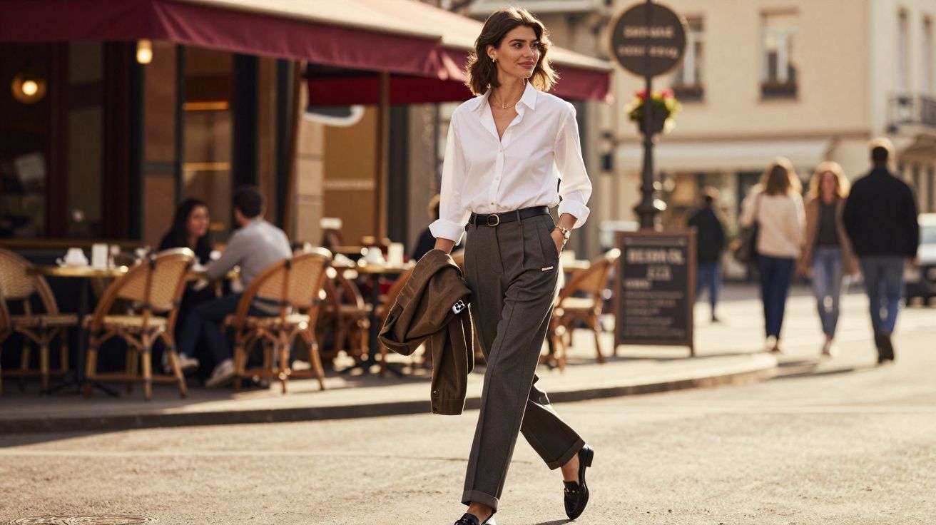 Mulher caminhando na rua, vestindo camisa branca e calça cinza, segurando casaco marrom e sorrindo.