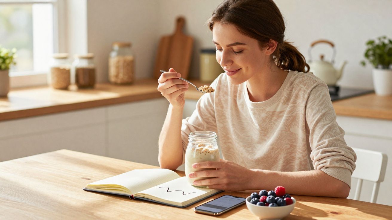 Mulher sorridente comendo iogurte com granola em pote de vidro na cozinha clara, com frutas e livro na mesa.