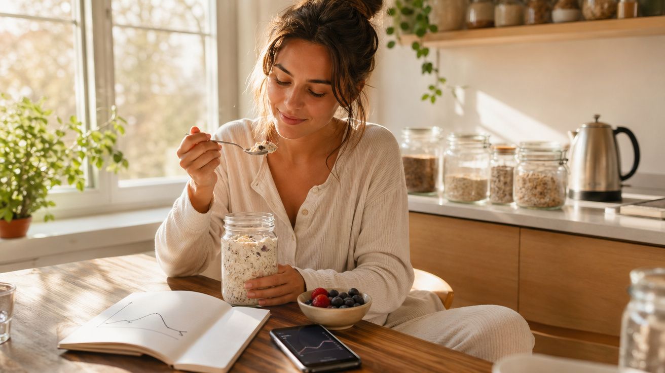 Mulher em ambiente iluminado toma café com aveia e frutas enquanto revisa gráficos em caderno aberto.