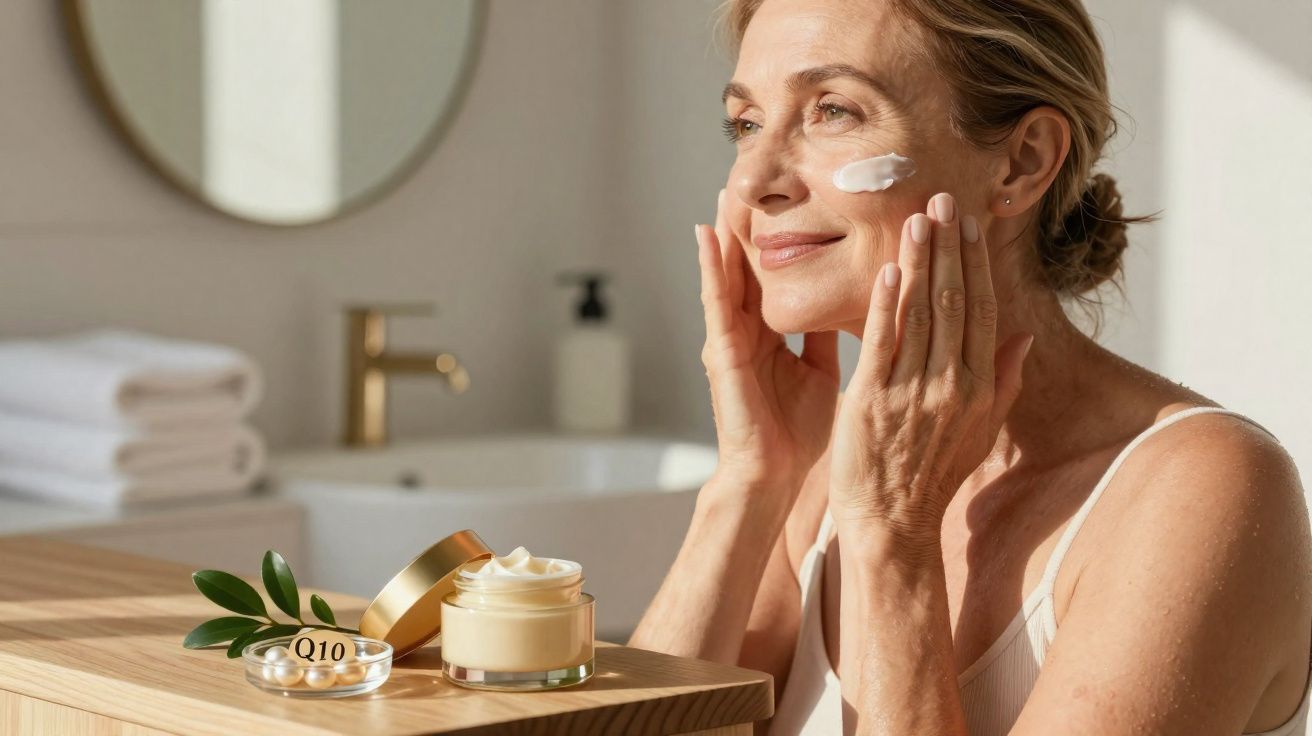 Mulher madura aplicando creme no rosto em banheiro iluminado, com pote de creme e cápsulas de Q10.