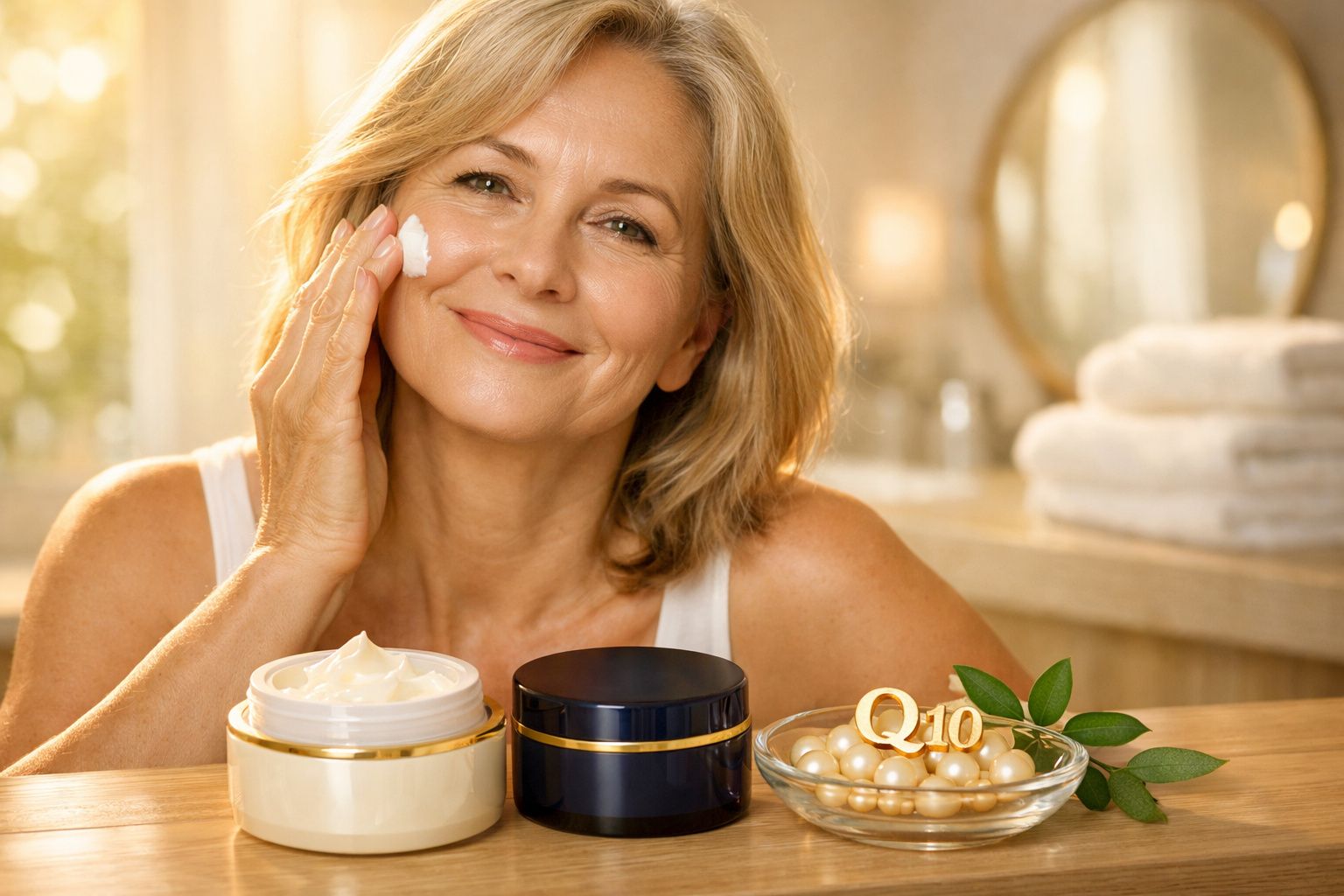 Mulher madura sorrindo aplicando creme no rosto, com potes de cosméticos e cápsulas de Q10 à frente.