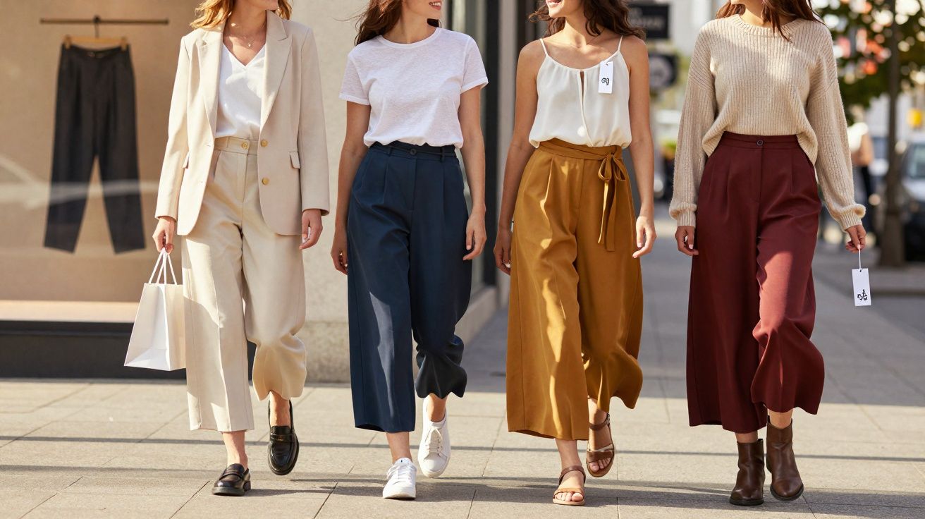 Quatro mulheres caminhando na rua usando calças pantalona em diferentes cores e estilos casuais.