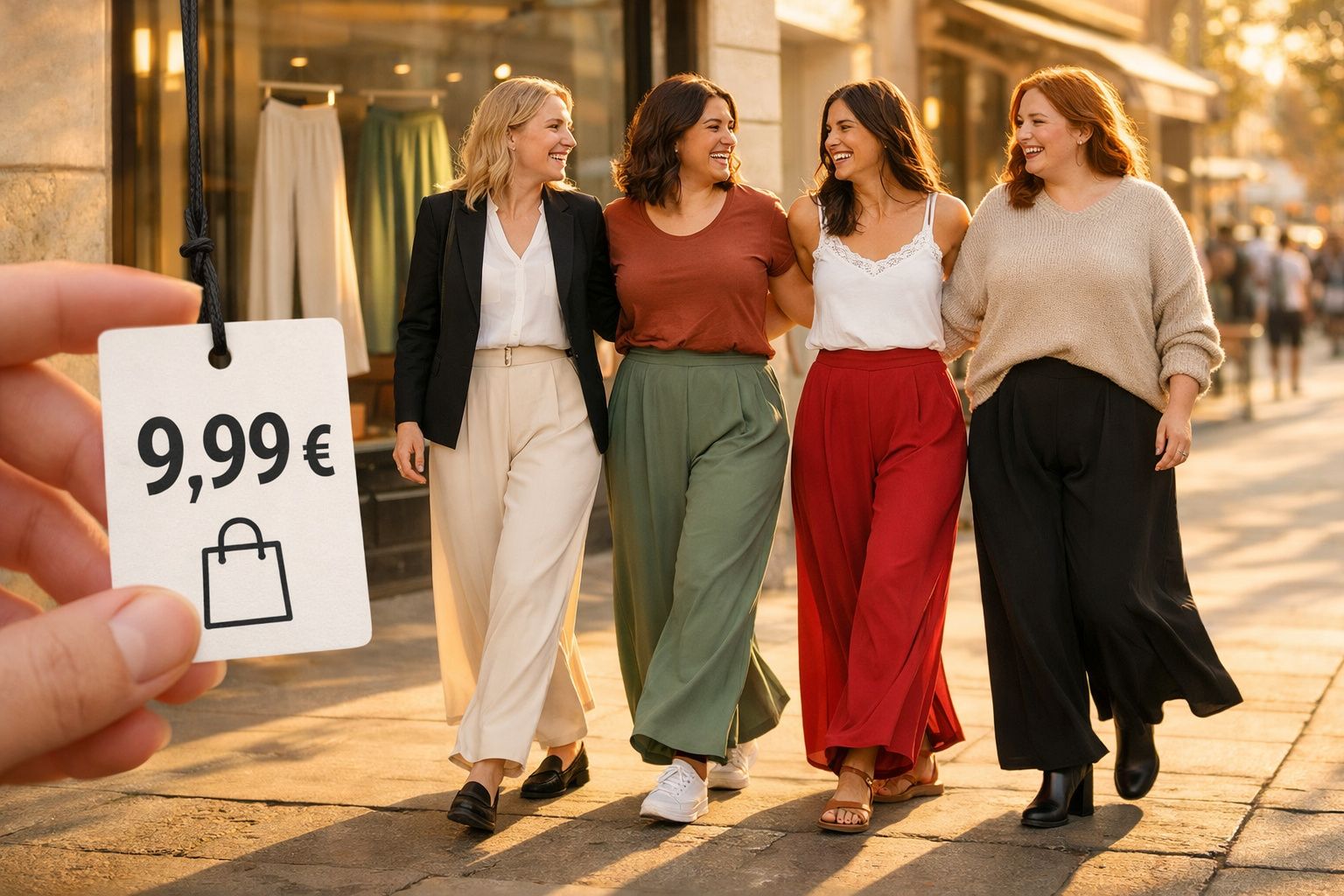 Quatro mulheres sorrindo e caminhando juntas na rua com etiqueta de preço 9,99€ em destaque.