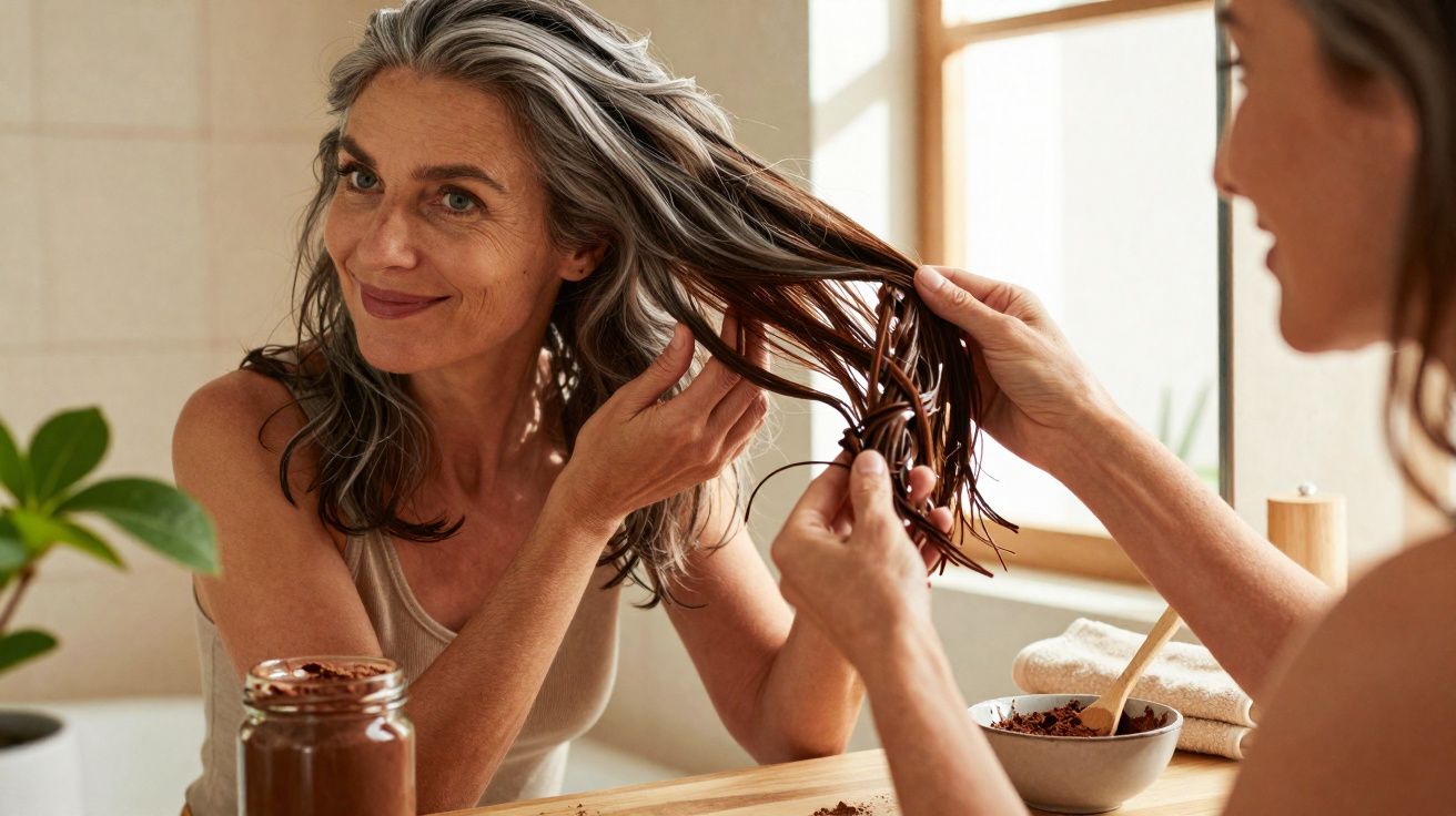 Mulher sorridente aplica máscara capilar caseira de cacau no cabelo em banheiro iluminado.