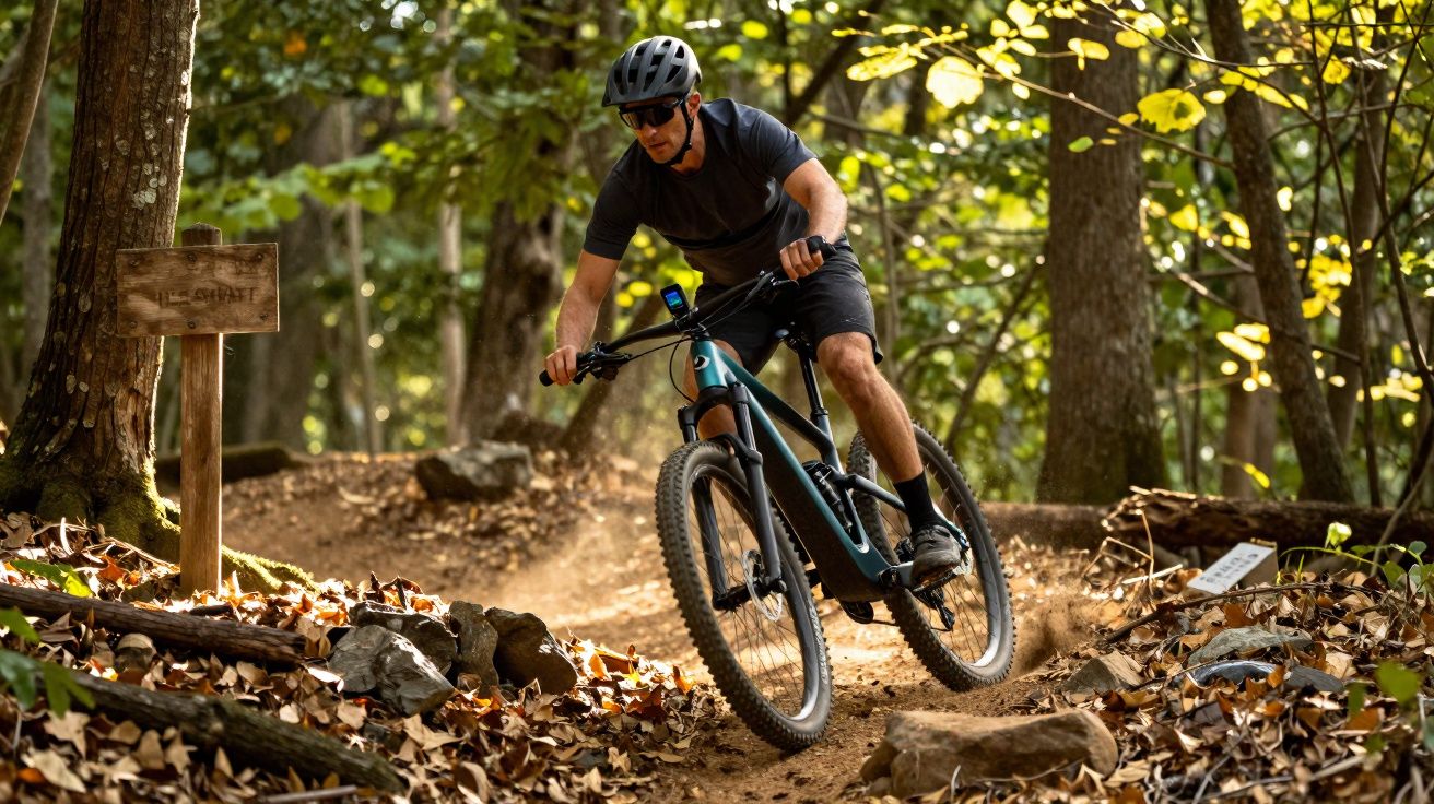 Homem usando capacete e óculos pedalando bicicleta de montanha em trilha de floresta com folhas secas no chão.