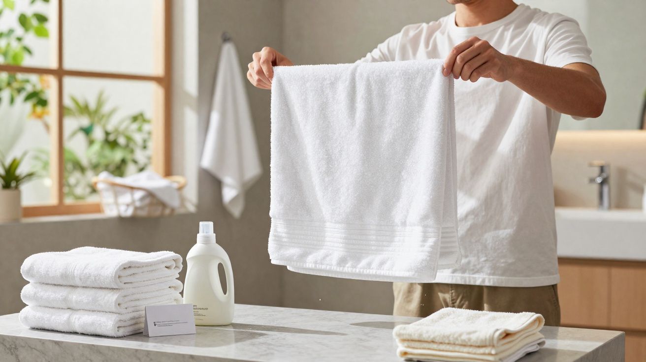 Pessoa segurando toalha branca dobrada em lavanderia com mais toalhas e detergente ao fundo.