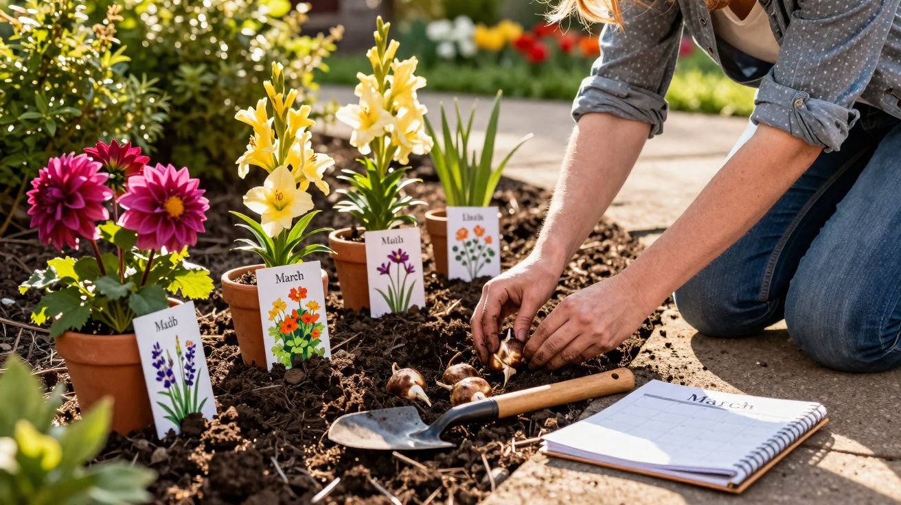 Pessoa plantando bulbos de flores em canteiro com etiquetas e ferramentas ao redor ensolarado.