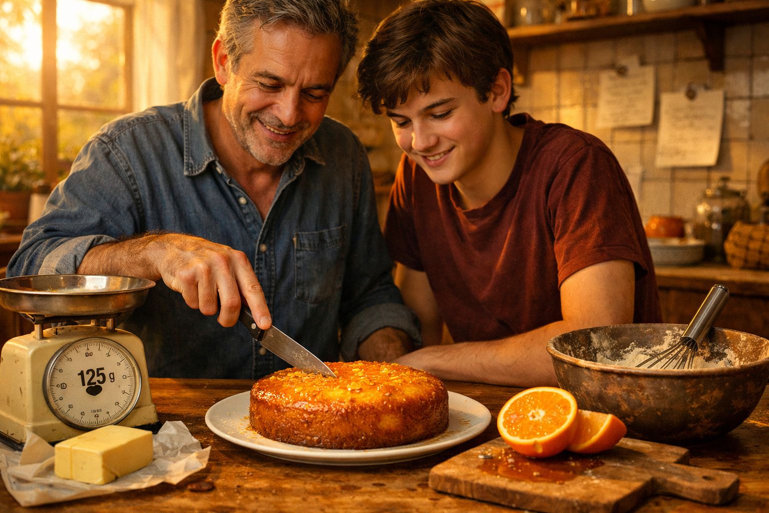 Homem e adolescente felizes cortando bolo caseiro em cozinha rústica com ingredientes e utensílios.