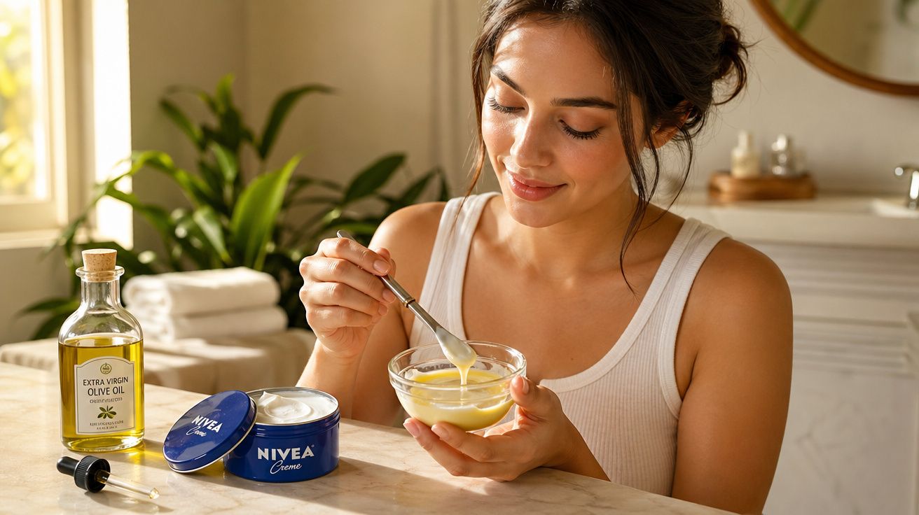 Mulher preparando máscara facial com creme Nivea e azeite em ambiente iluminado e relaxante.