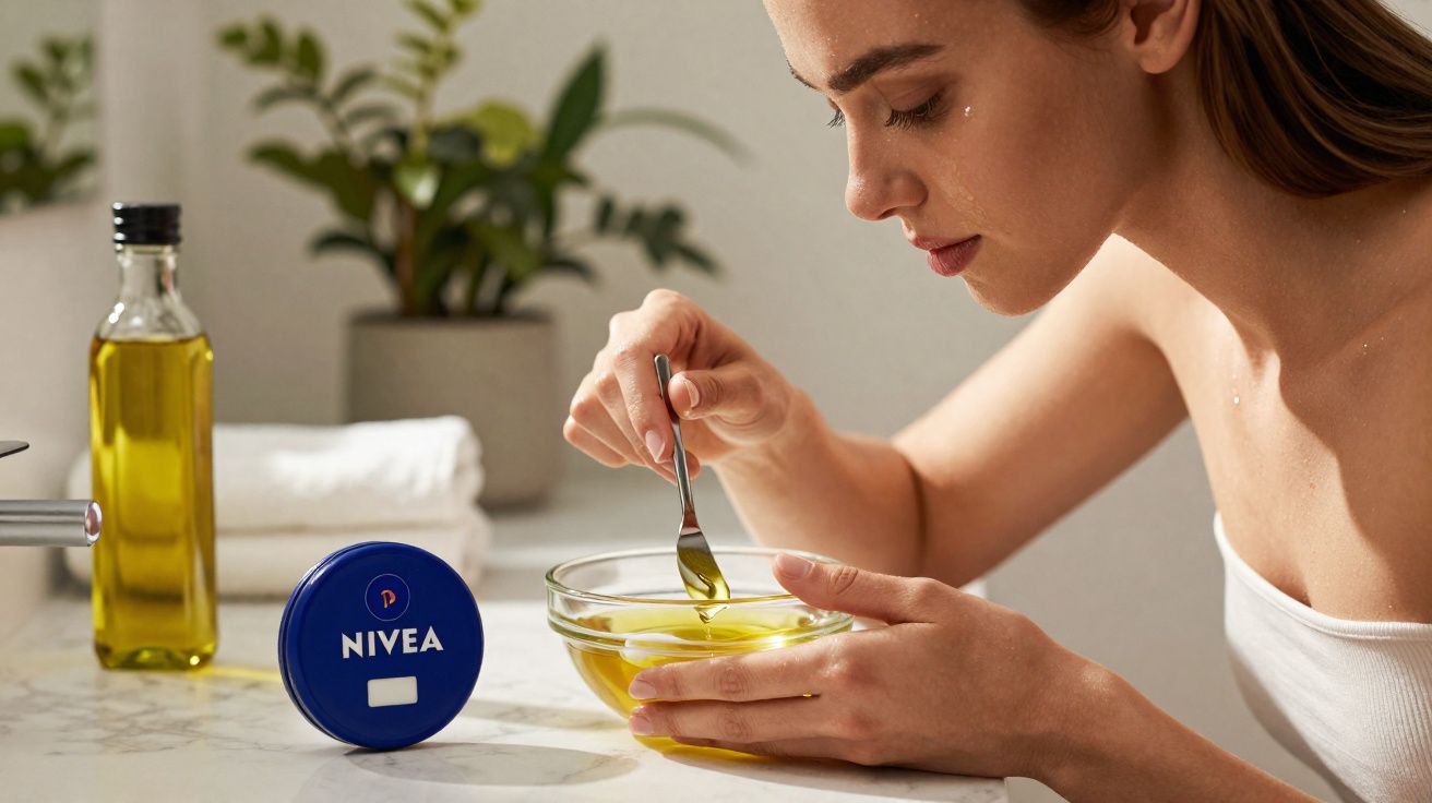 Mulher mexendo óleo em tigela de vidro na cozinha, com pote de Nivea e garrafa de azeite na bancada.