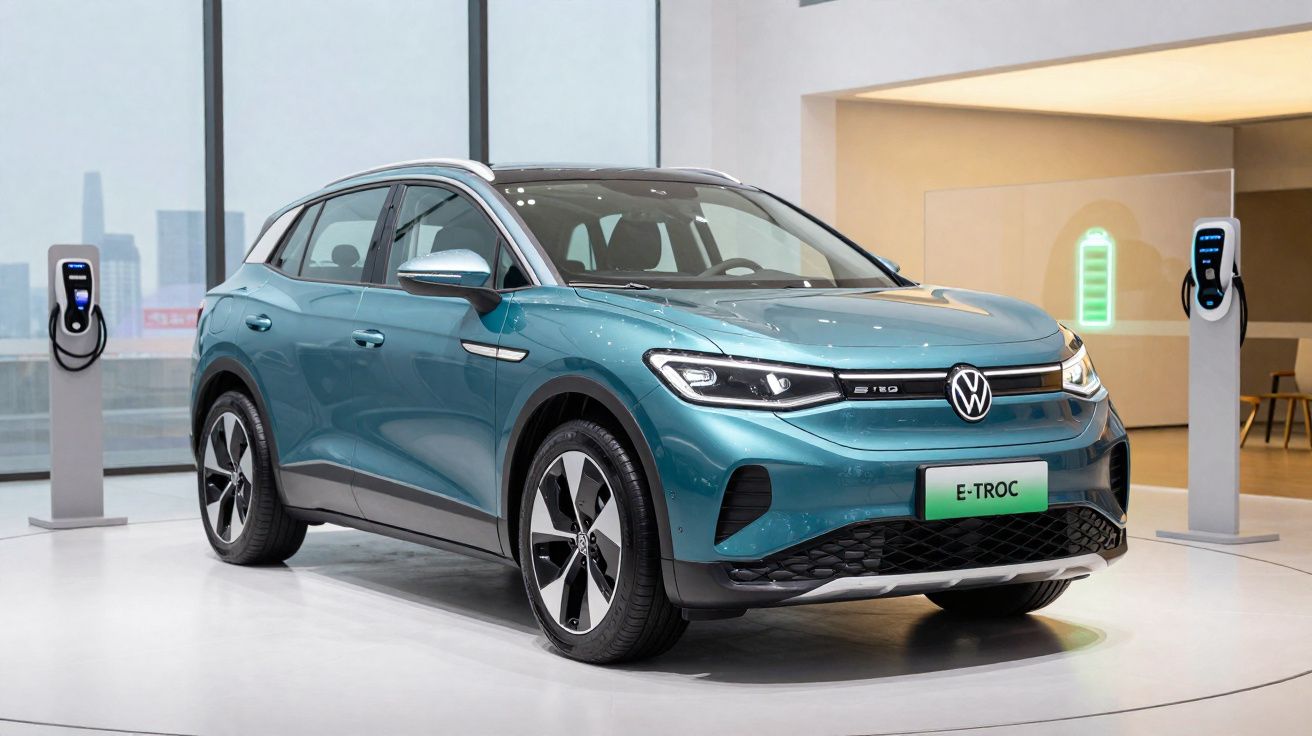 Carro elétrico Volkswagen E-TROC azul em showroom, conectado a carregadores elétricos com indicadores de bateria.