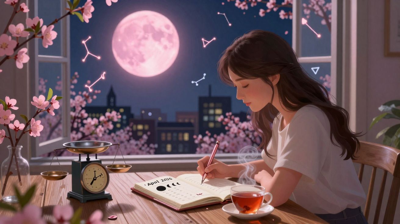 Jovem mulher desenha em diário à mesa com chá, janela aberta mostra lua rosa e flores de cerejeira à noite.