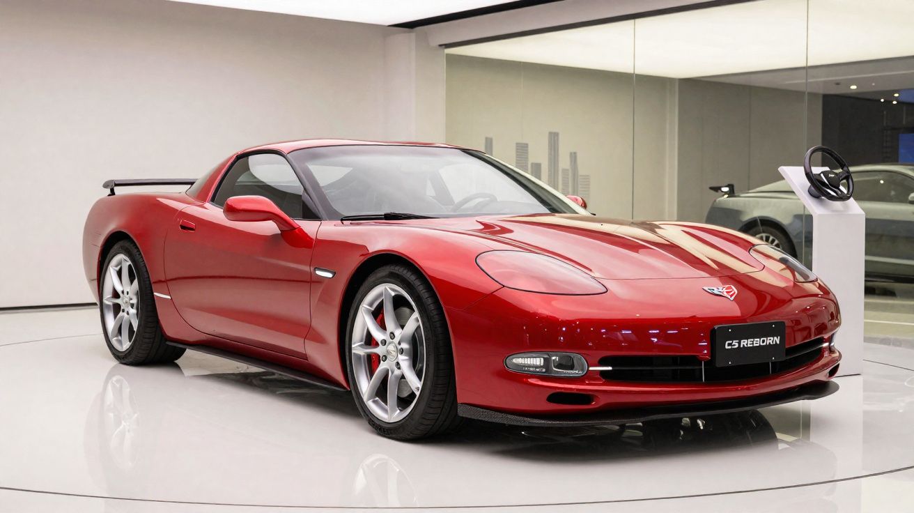 Carro esportivo vermelho Chevrolet Corvette C5 REBORN exposto em ambiente interno moderno