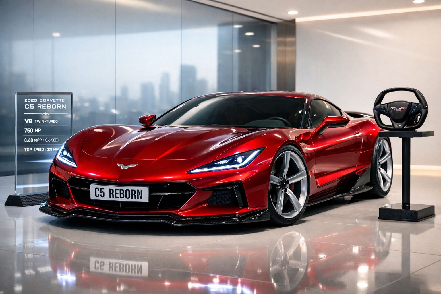 Carro esportivo vermelho Chevrolet Corvette C5 Reborn 2025 exibido em showroom moderno e iluminado.
