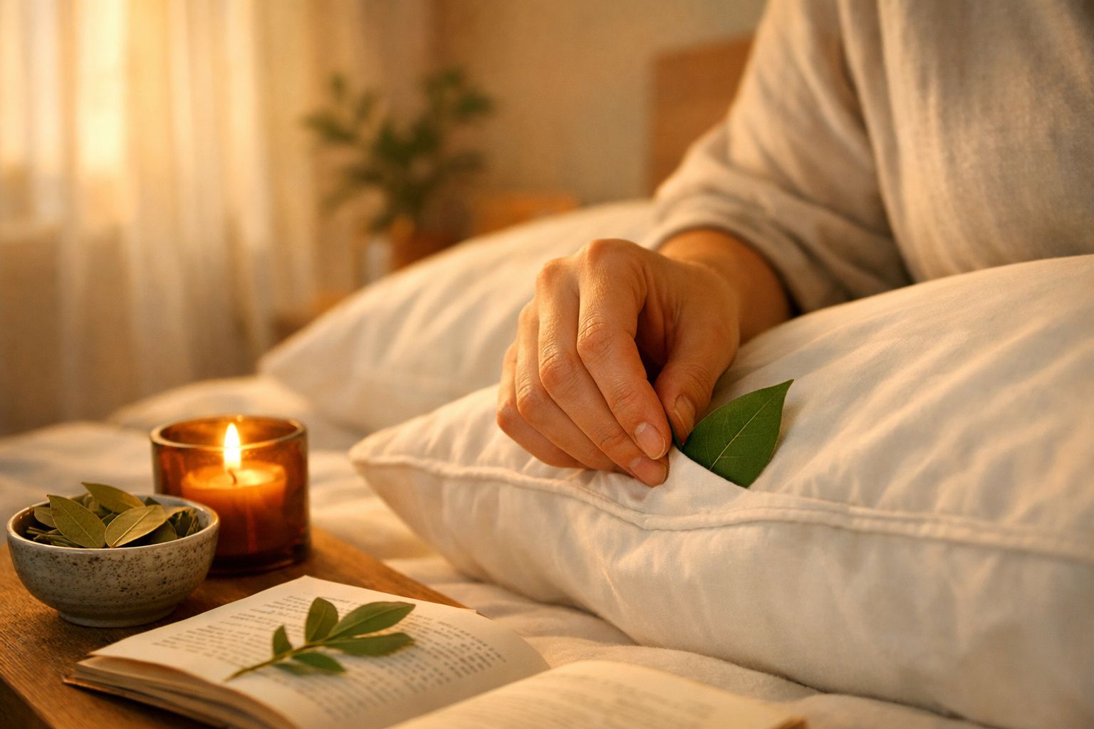 Mão colocando folha verde dentro de fronha branca, vela acesa e livro com folhas sobre a cama.