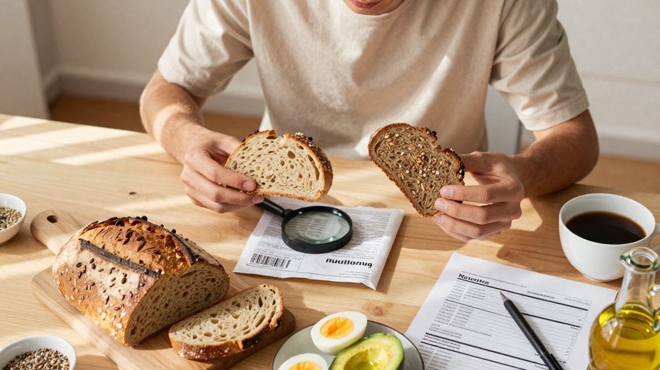 Pessoa comparando fatias de pão integral e pão branco com lupa, ao lado de café, ovos e abacate.
