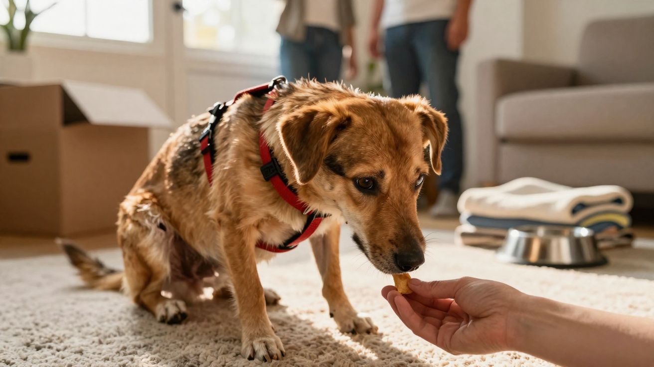 Cachorro marrom usando coleira vermelha recebendo petisco da mão de uma pessoa em sala de estar.