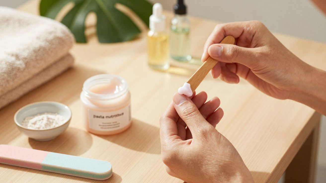 Mãos aplicando creme com espátula ao lado de toalha, luva esfoliante, esmalte e produtos de cuidados pessoais sobre mesa.