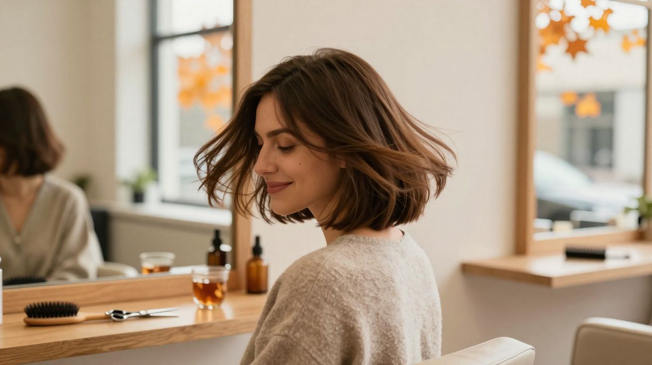 Mulher de cabelos curtos sorrindo sentada em salão de beleza com espelho e decoração de folhas secas.