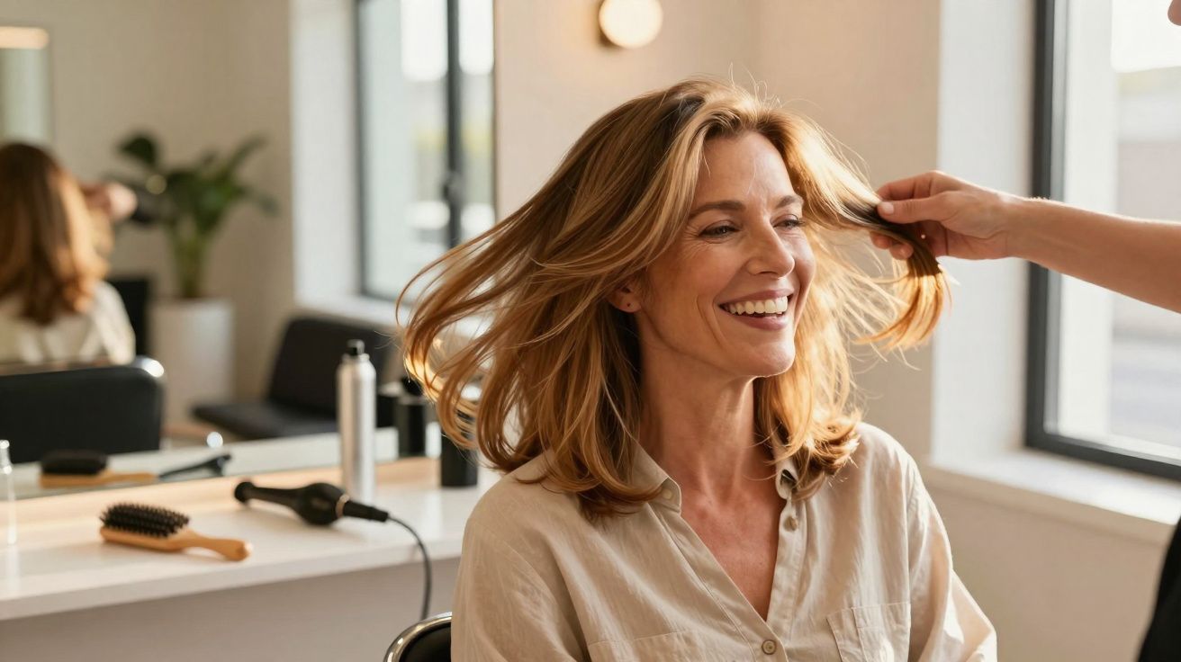 Mulher sorridente com cabelo loiro sendo penteada em salão de beleza iluminado pela luz natural.