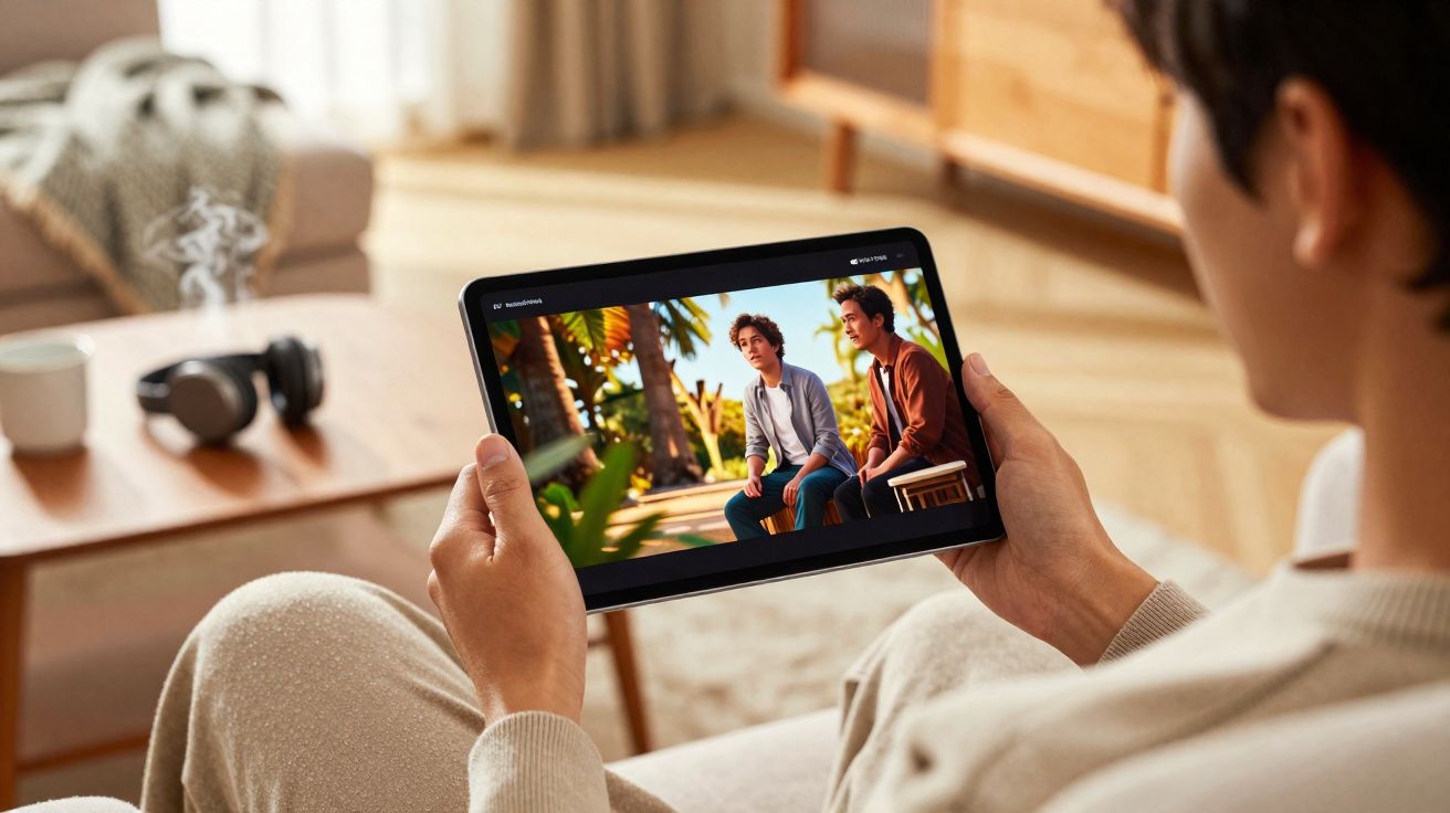 Pessoa segurando tablet assistindo a filme com duas pessoas sentadas em banco ao ar livre.