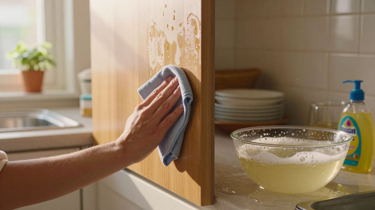 Pessoa limpando com pano azul porta de armário de cozinha de madeira clara.
