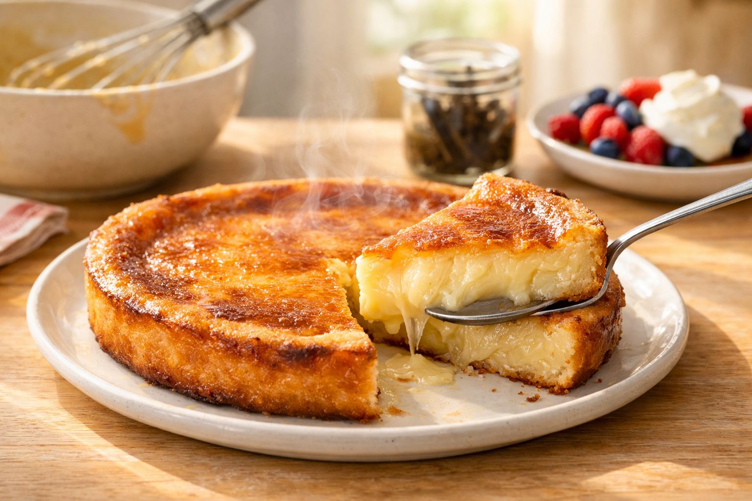 Torta de queijo quente sendo servida em prato branco, com textura cremosa e vapor.
