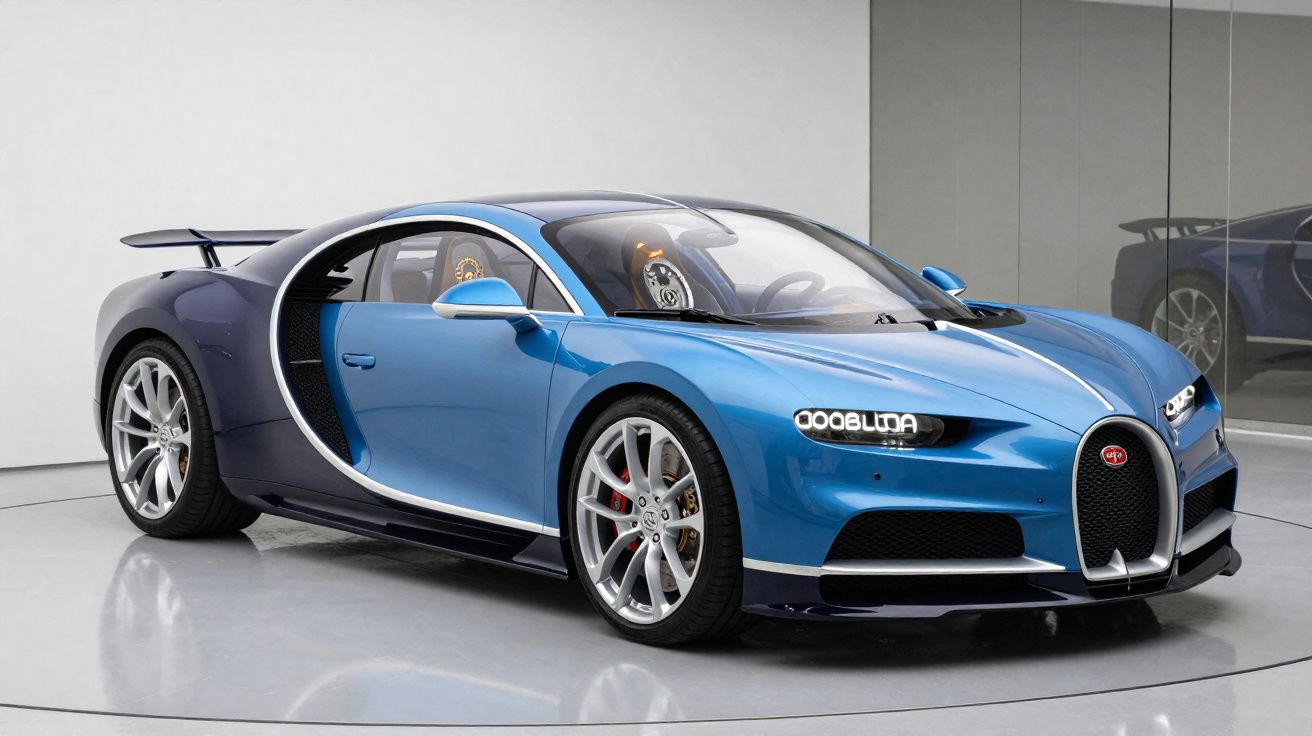 Carro esportivo Bugatti Chiron azul e preto em estúdio com piso refletivo e parede cinza.