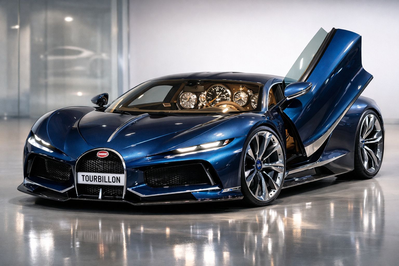 Carro esportivo azul Bugatti Tourbillon com porta aberta em estilo asa de gaivota em ambiente interno.