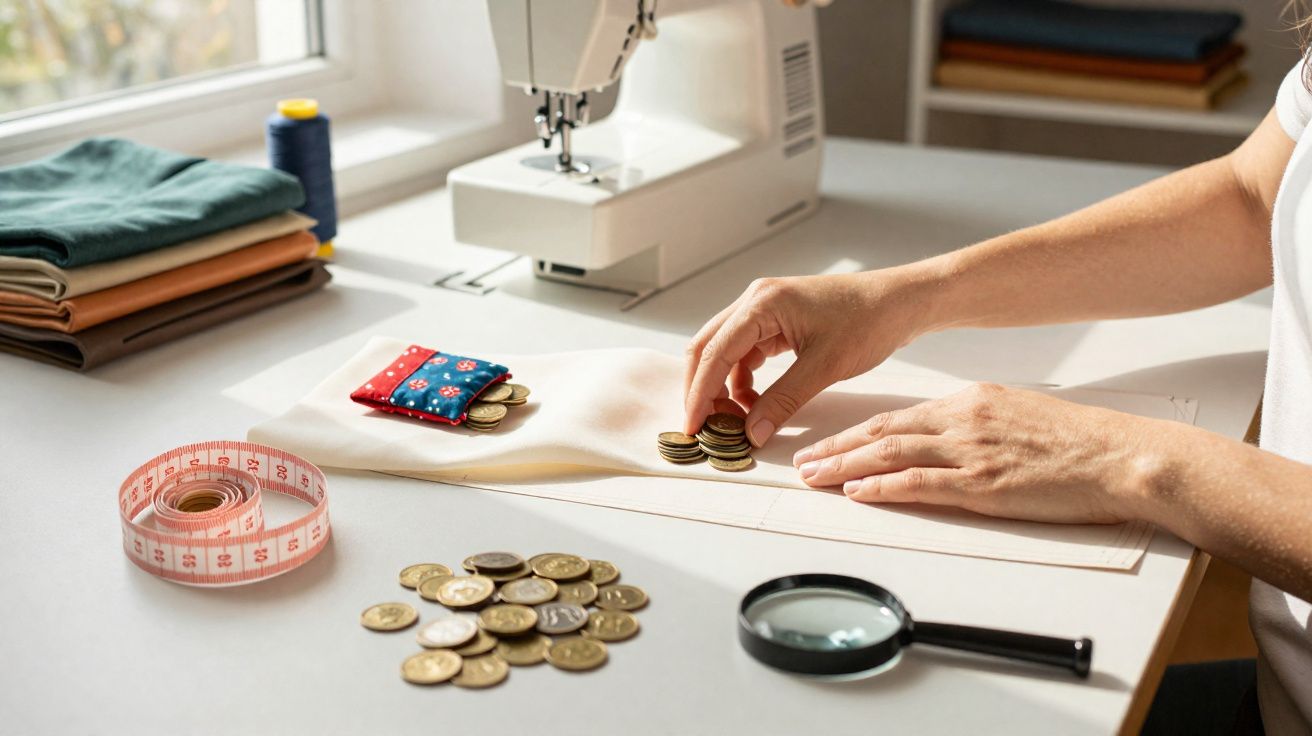 Pessoa organizando moedas sobre tecido próximo a máquina de costura e itens de costura em mesa iluminada pela janela.