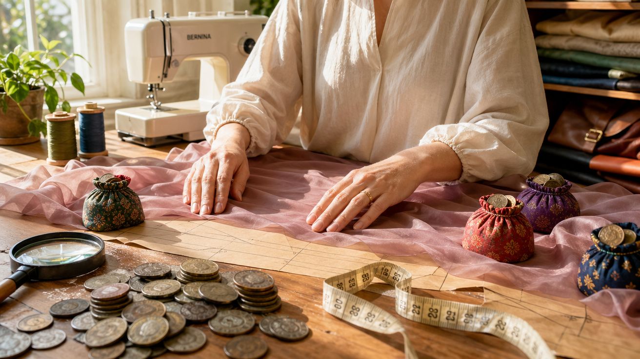 Pessoa trabalhando em tecido transparente com moedas, fita métrica e máquina de costura ao fundo.