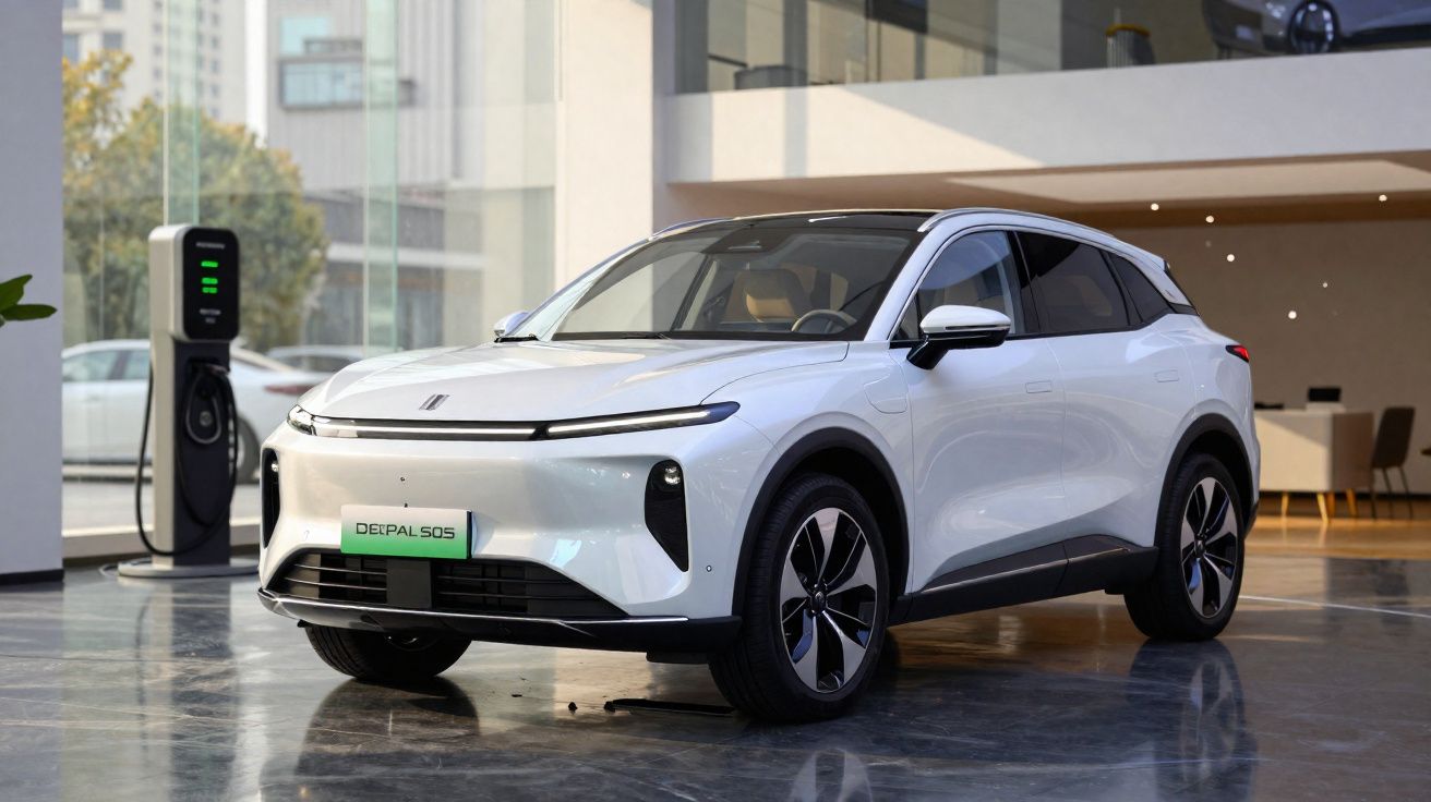 Carro elétrico branco estacionado próximo a um carregador em showroom moderno e iluminado.