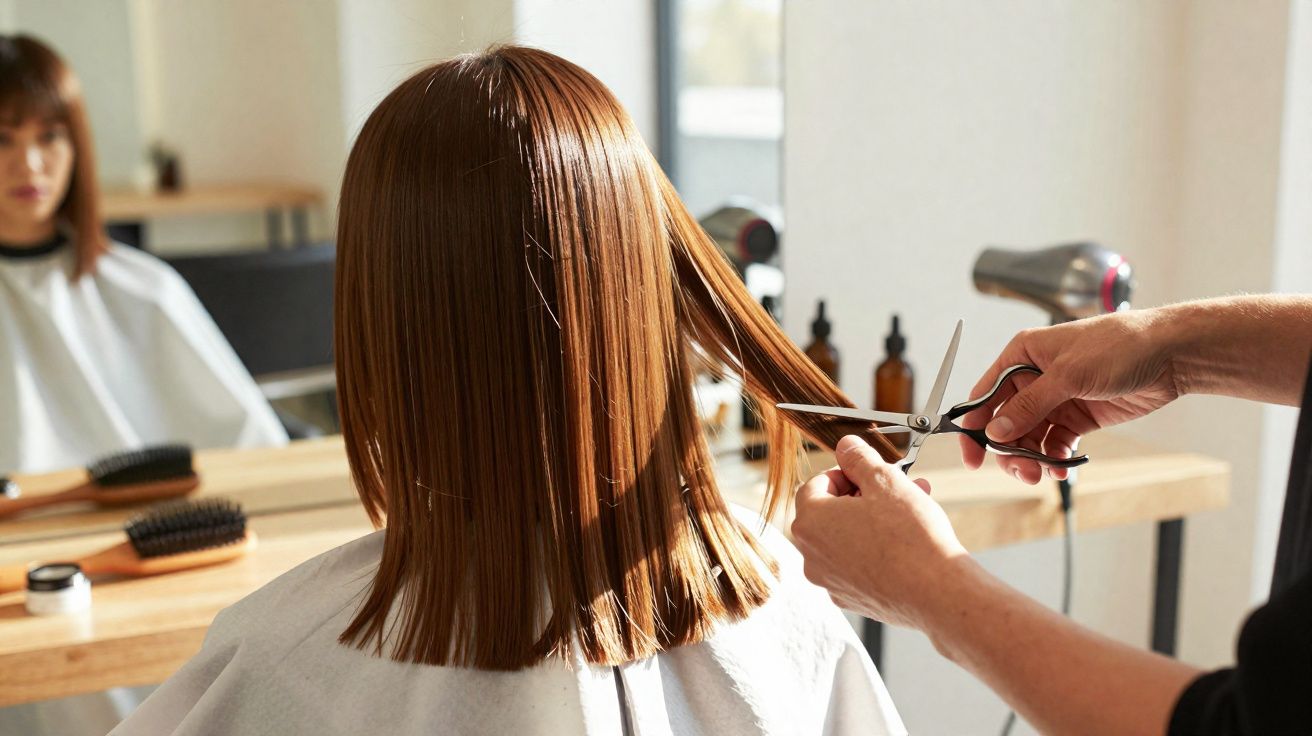 Pessoa cortando cabelo castanho liso em salão de beleza com espelho e secador ao fundo.