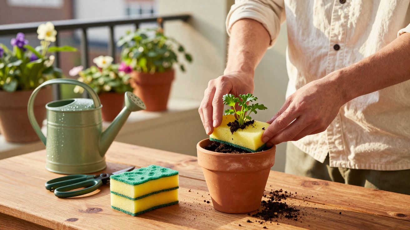 Pessoa usando esponja para plantar muda em vaso de barro sobre mesa de madeira.