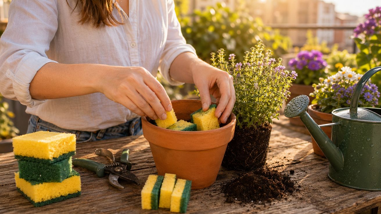 Pessoa colocando esponjas coloridas em vaso de barro para jardinagem em mesa com regador, flores e terra.