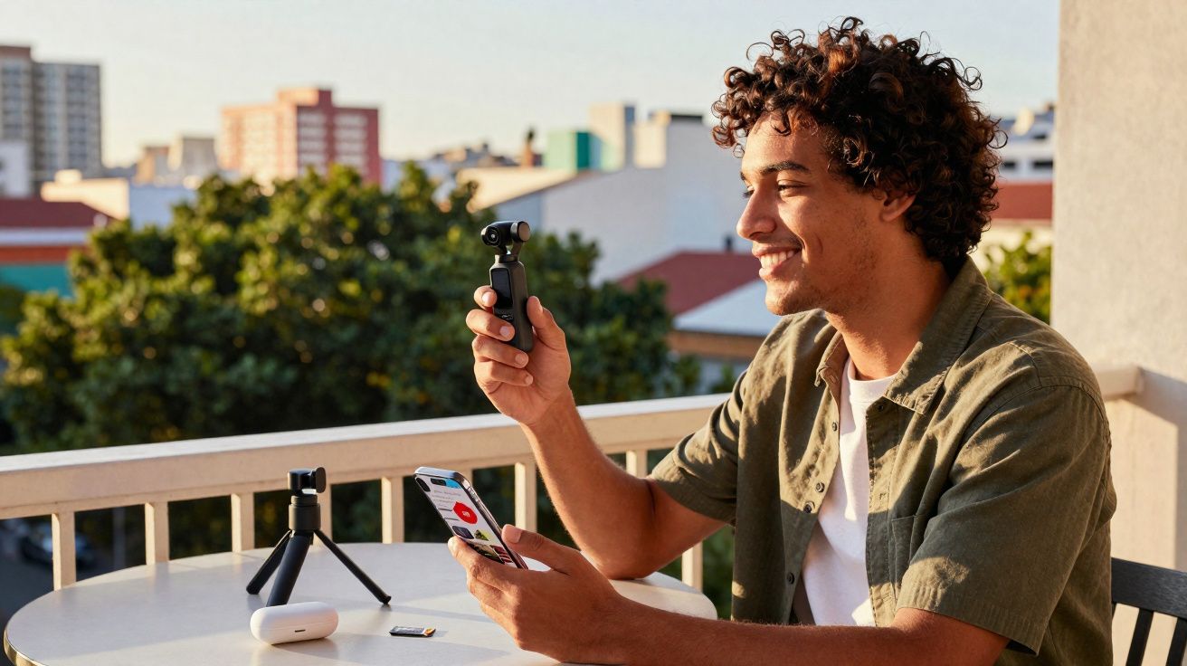Homem sorridente segurando câmera pequena e celular, sentado em varanda com mesa e árvores ao fundo.