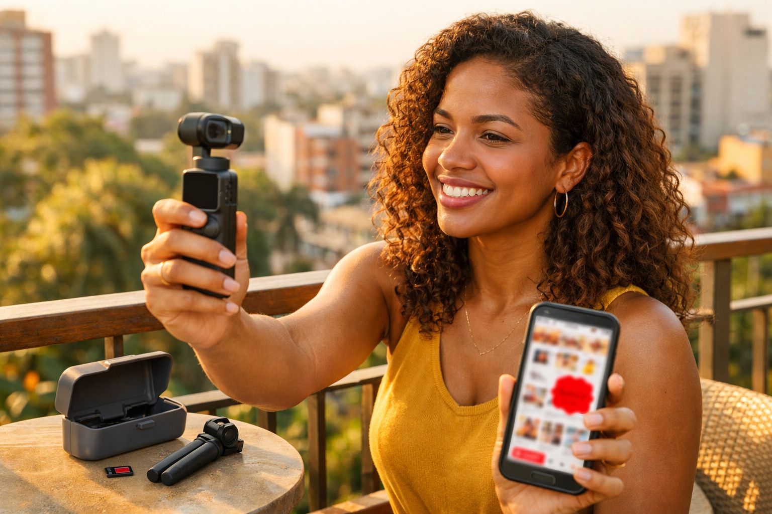 Mulher sorridente segura câmera portátil e celular em varanda com vista urbana ao fundo.