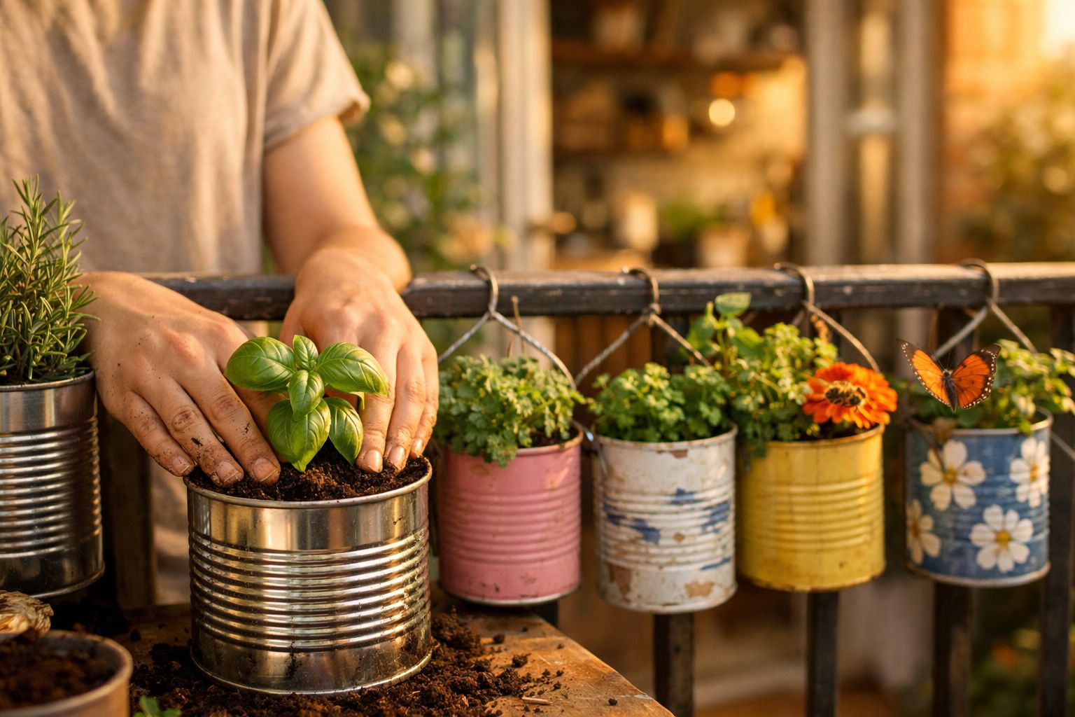 Mãos plantando erva em lata, com vasos coloridos e borboleta em varanda iluminada pelo sol.