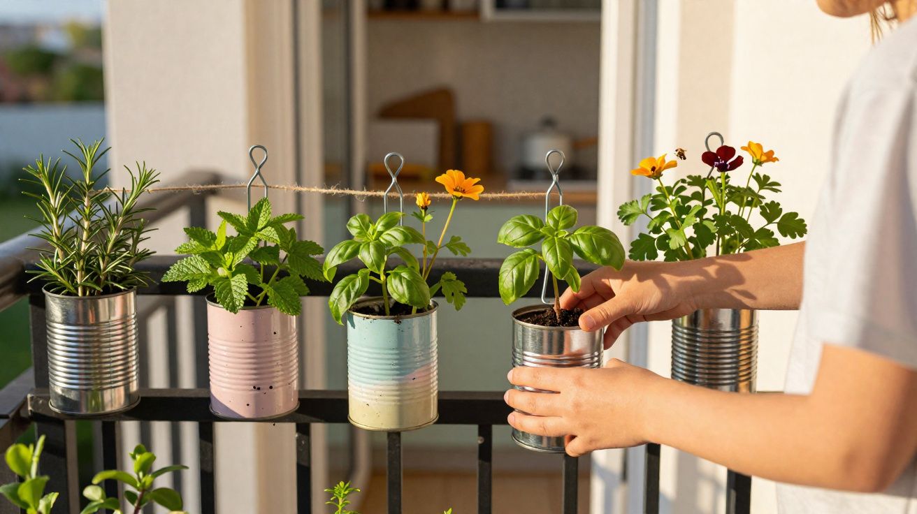 Mãos cuidando de plantas em vasos feitos com latas penduradas em varanda ensolarada.
